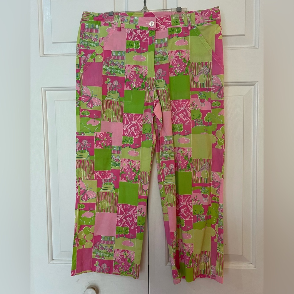 Lilly Pulitzer Vintage White Label Golf Print Patchwork Pants EUC Size 10